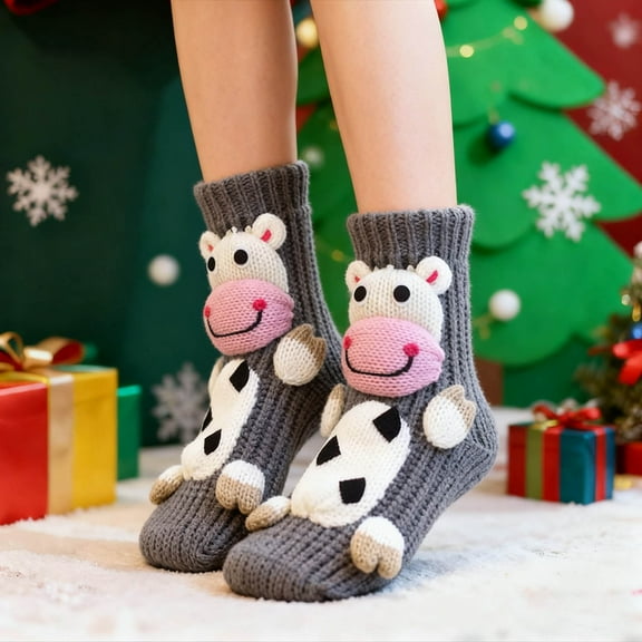 Harlier13 Animal Socks, Animal Sloth Socks, New 3D Knit Animal Sloth Socks for women, Cute Plush Animals Hug Sock, Long Stocking Sock Ideal for Christmas Women Girls Gifts, Cow