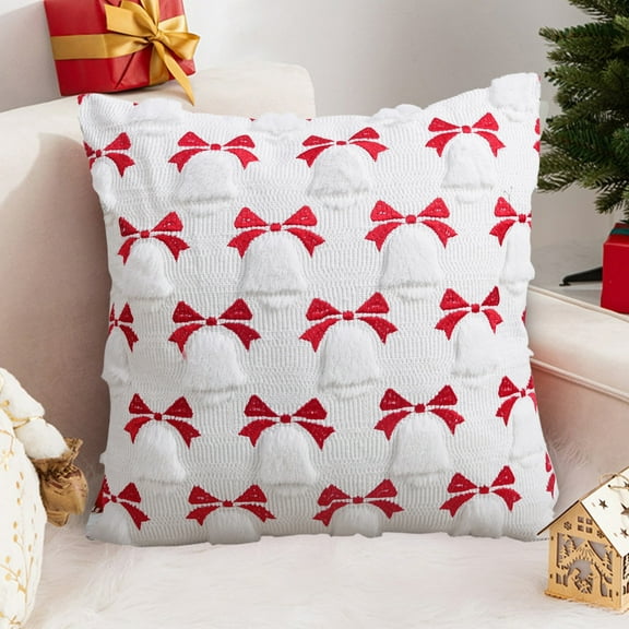 Harlier13 Christmas Bell with Red Bow Pillow Covers 18x18 Inch Jacquard 3D Xmas Embroidery Faux Fur Throw Pillows Cover Winter Holiday Season Cushion Covers Christmas Decorations