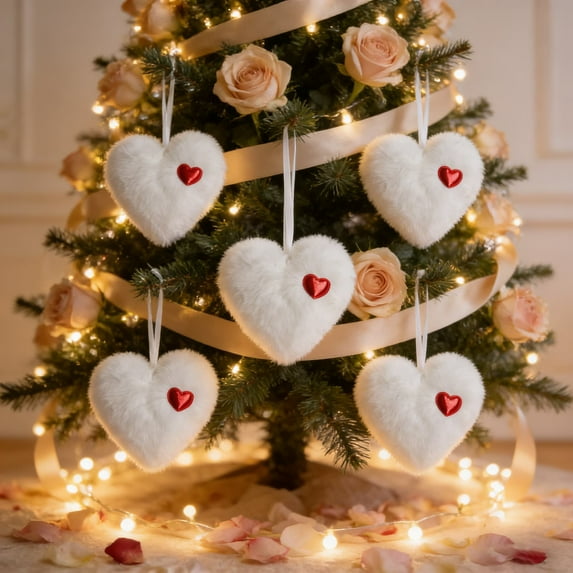 Harlier13 Valentine's Day Plush Heart Ornaments - 4.72 Inch White Fuzzy Heart Decor with Red Accents, Soft Christmas Tree Hearts for Xmas, Valentine's, Wedding, Party, Home & Outdoor Decoration
