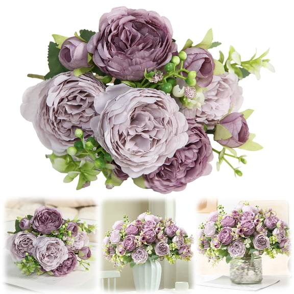 Harlik Artificial Roses, Simulating 5 Purple Roses Florals Arrangements for Farmhouse Home Boho Wedding Table Centerpiece, Fake Plastic Flower Bulk for Vase Decoration ( Purple）