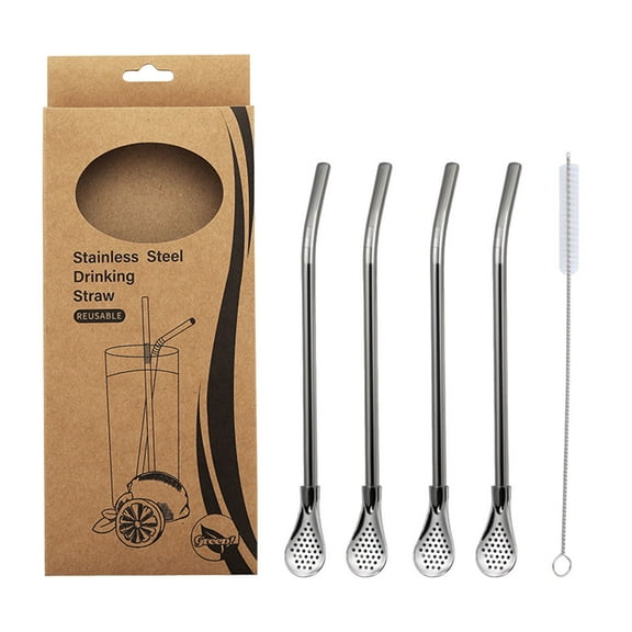Harliver 304 Stainless Steel Drinking Straws with Filter Spoon,Tea Straws with Cleaning Brush,Reusable Stirring Spoon,Yerba Mate Bombilla Suitable for Coffee Shops, Milk tea Shops (4 spoon)