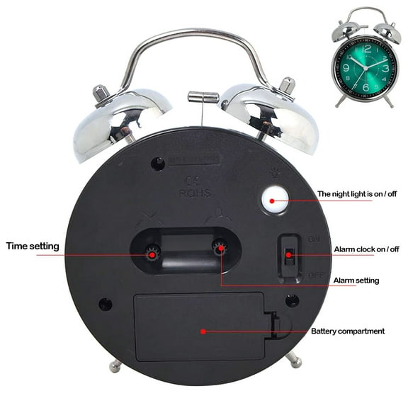 Harliver Alarm Clock, Twin Bell Galvanized Metal 4.5" Extra Loud Quartz Battery Operated with Backlight for Bedside Table, Vintage Silent Non-Ticking Old Fashioned Decorative Desk Clocks