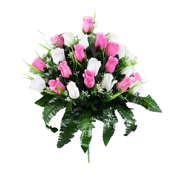 Harliver Artificial Cemetery Flowers, 1 Bouquet Silk Faux Roses Outdoor Artificial Grave Flower Decorations, for Memorial Day Christmas Decor (C)