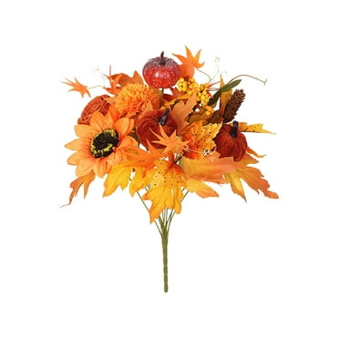 Harliver Fall Flowers Artificial, Fake Sunflower Roses Pumpkins for Autumn Decor, Faux Fall Floral Arrangements Stems for Home Fall Wedding Bouquet Table Centerpieces Thanksgiving Decoration, Orange