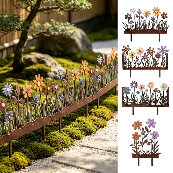 Harliver Floral Cast Iron Garden Edging, 12"x8" Rusted Garden Edging with Flowers Decorative Landscape Border, Vintage Metal Yard Stake Low Picket Fence, Outdoor Flower Bed Lawn Fence Panels