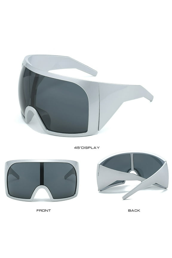 Futuristic Narrow Cyclops Color Mirrored Lens Visor Sunglasses , Oversized Wrap Around Sunglasses for Women Men, Futuristic Curved Lens Shades, Fashion Trendy Shield Sun Glasses, Silver