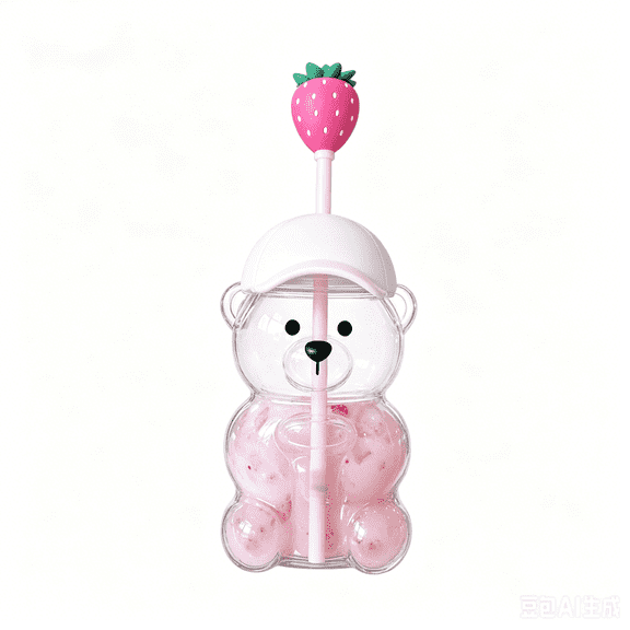 Harliver Glass Bear Cup with Straw, Reusable Bear Glass Tumbler with Baseball Cap Lid and Strawberry Straw for Iced Coffee, Milk Tea, and Cocktails, Lovely Gifts for Women Mom, Dishwasher Safe