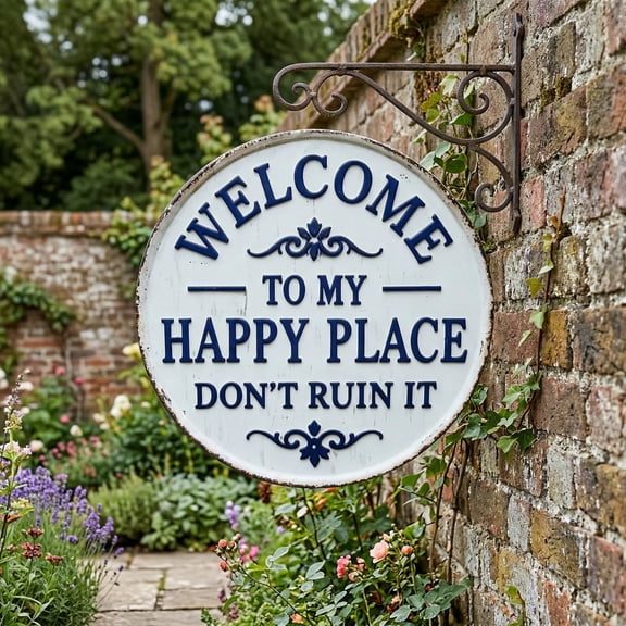 Harliver Happy Place Sign, This Is My Happy Place, Rustic Statement Metal Sign Round Garden Wall Decor, Funny Home Plaques Decor for Front Door