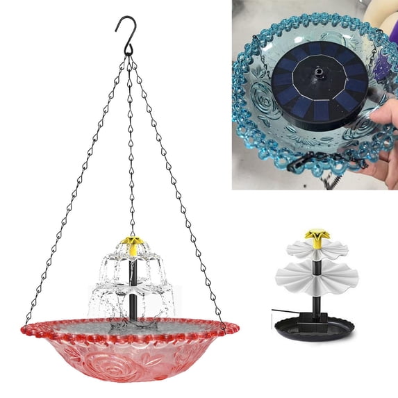 Harliver Solar Cascade Hanging Bird Bath, Outdoor Hanging Bird Bath with Solar Fountain, Large Humming Birds Baths Fountains, with Solars Pump & Glass Bowl, for Outdoor, Gardens (Pink)