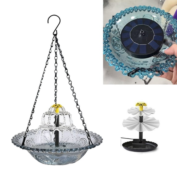 Harliver Solar Cascade Hanging Bird Bath, Outdoor Hanging Bird Bath with Solar Fountain, Large Humming Birds Baths Fountains, with Solars Pump & Glass Bowl, for Outdoor, Gardens (Black)