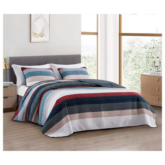 Harlon 3-Piece Modern Patchwork Striped Quilt Set - Solid Polka Dot Candy Stripe Coverlet - Pre-Washed Cotton Lightweight Reversible Bedspread, Queen Size