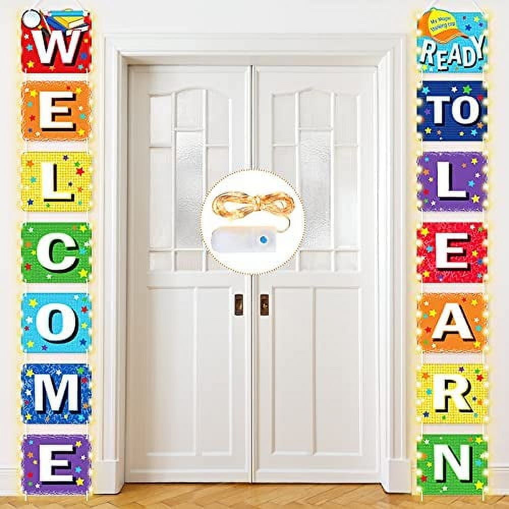 Harloon Welcome Banner Back to School Banner Poster First Day of School  Porch Sign LED String Lights Ready to Learn Classroom Door Banner decor for  Preschool Elementary Middle School 