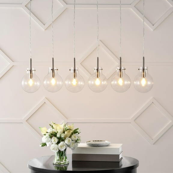 JONATHAN Y Harlow 40.5" 6-Light Modern Contemporary Round Glass/Iron LED Linear Pendant, Nickel/Clear