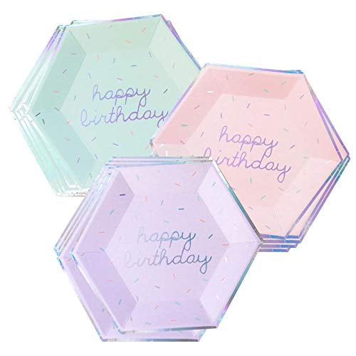 Harlow & Grey Sprinkles - Pastel Happy Birthday Large Paper Plates, 18 Plate Multi-Color Pack, Kids Party, Baby's Birthday - Disposable Party Plates Y114