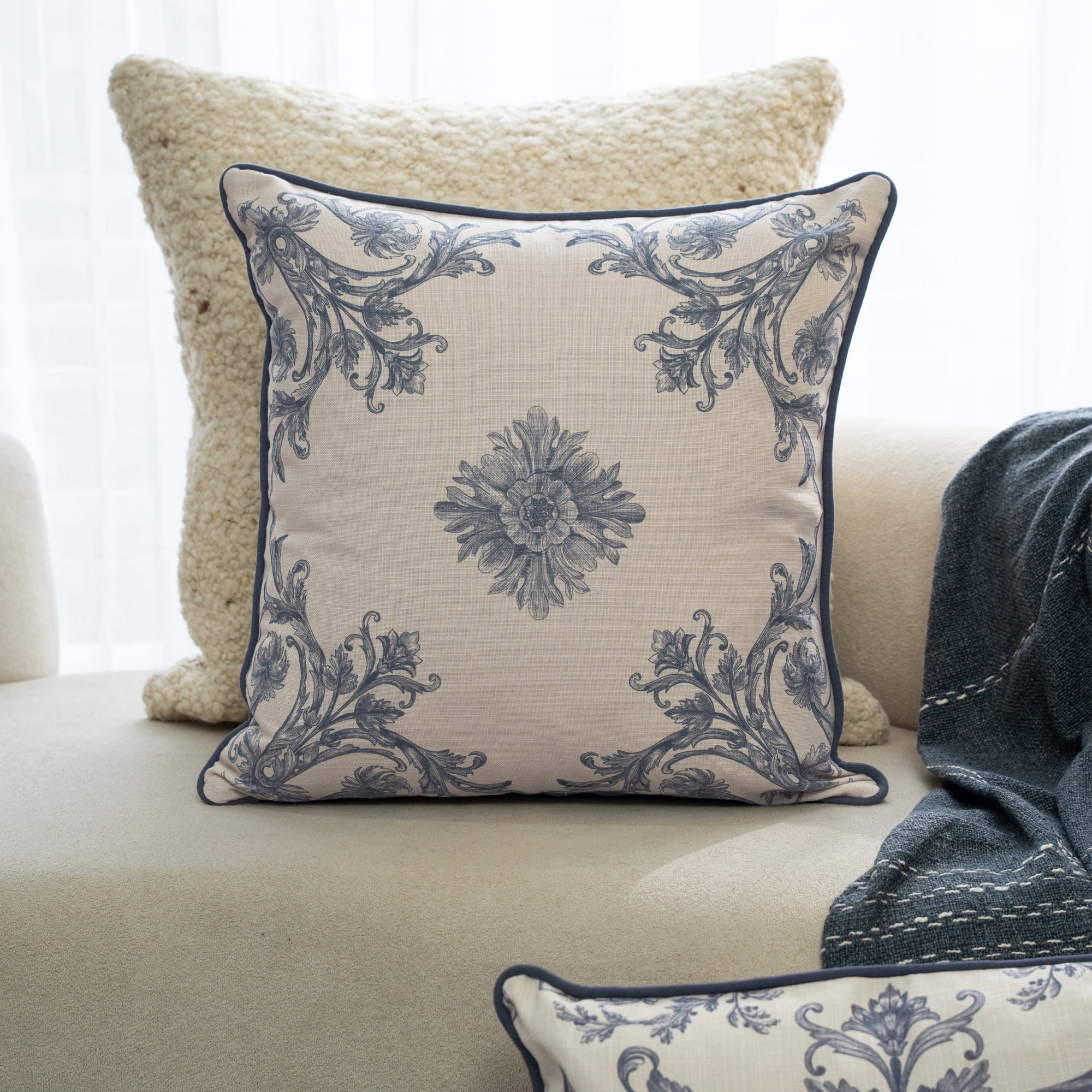 Harlow Hill Alton Blue/Ivory Floral 20" x 20" Recycled P.E.T. Adult Decorative Feather Filled Pillow