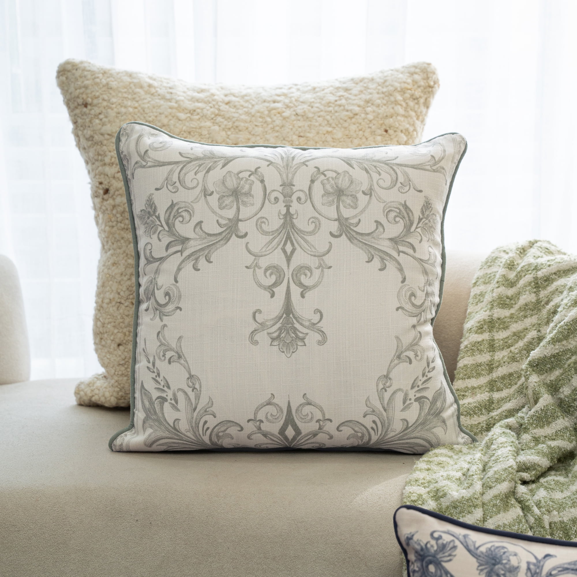 Harlow Hill Alton Sage/Ivory Damask 20" x 20" Recycled P.E.T. Adult Decorative Feather Filled Pillow