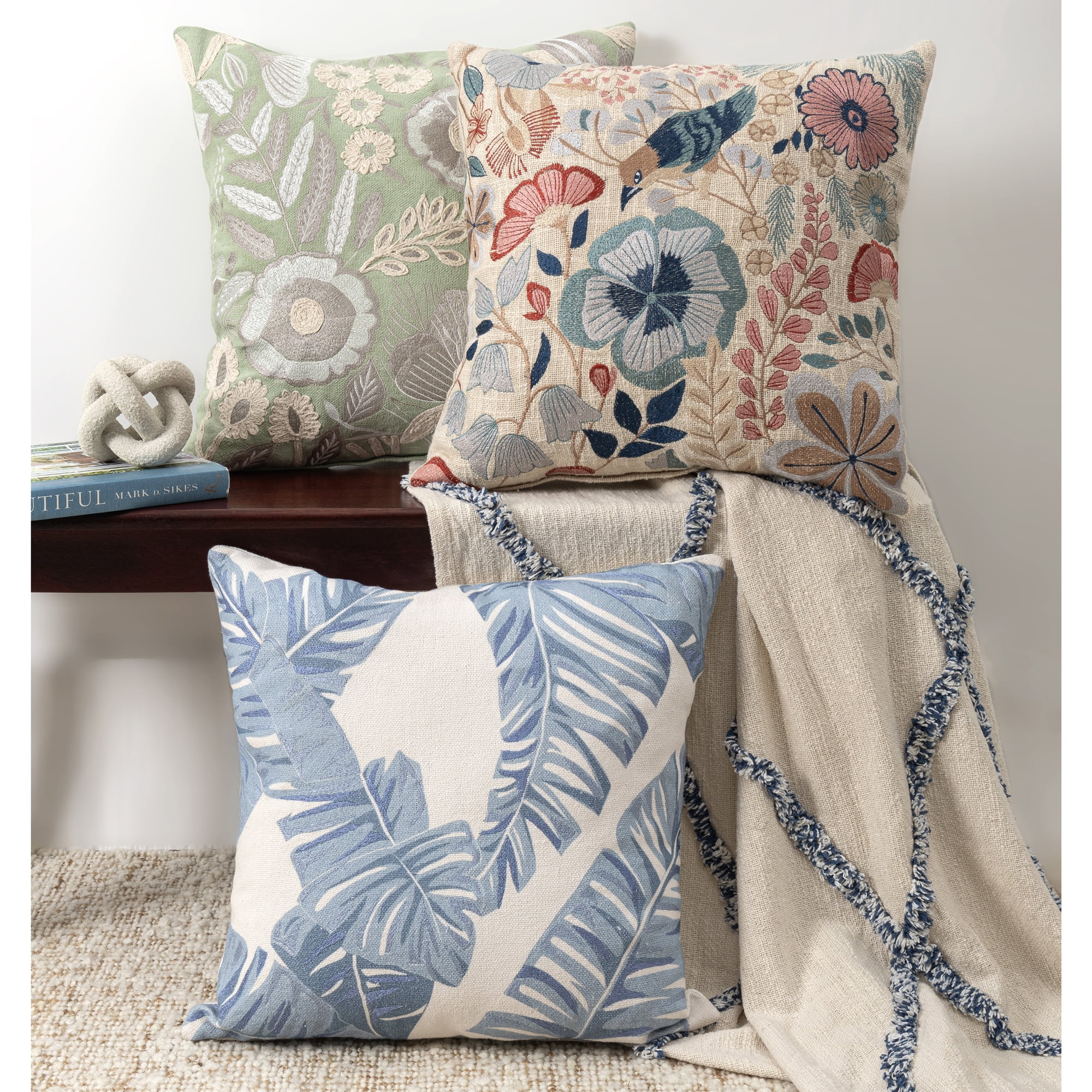 Harlow Hill Camden 20" x 20" Blue/Ivory Floral Cotton Adult Decorative Throw Pillow