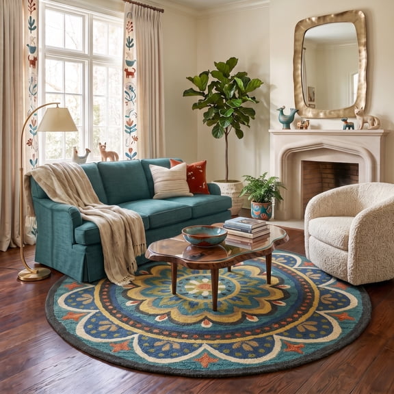 Harlow Hill Ella 5' Round Blue/Yellow Medallion Wool Indoor Area Rug