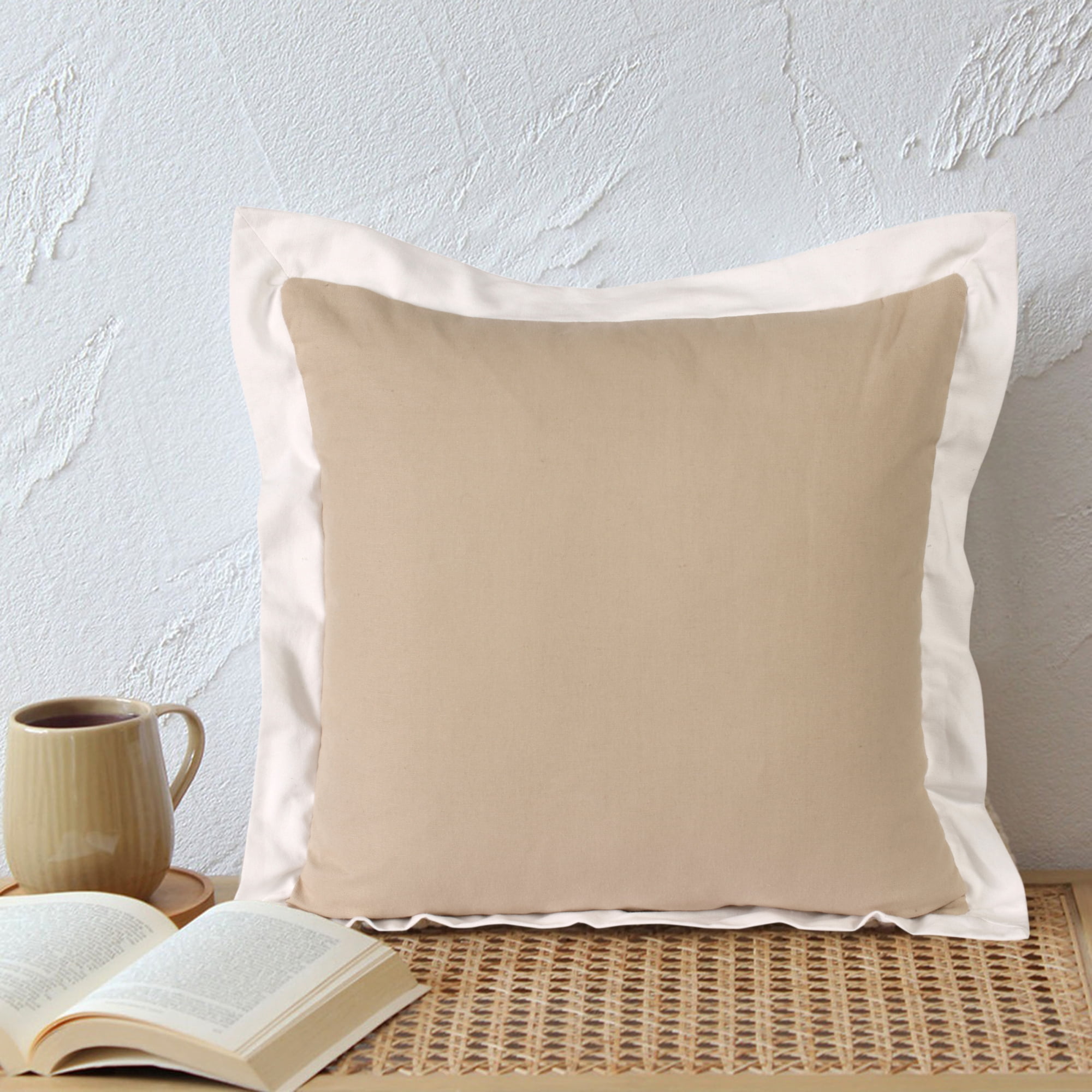 Harlow Hill Finn 20" x 20" Bordered Cotton Adult Decorative Feather Filled Pillow, Beige/White
