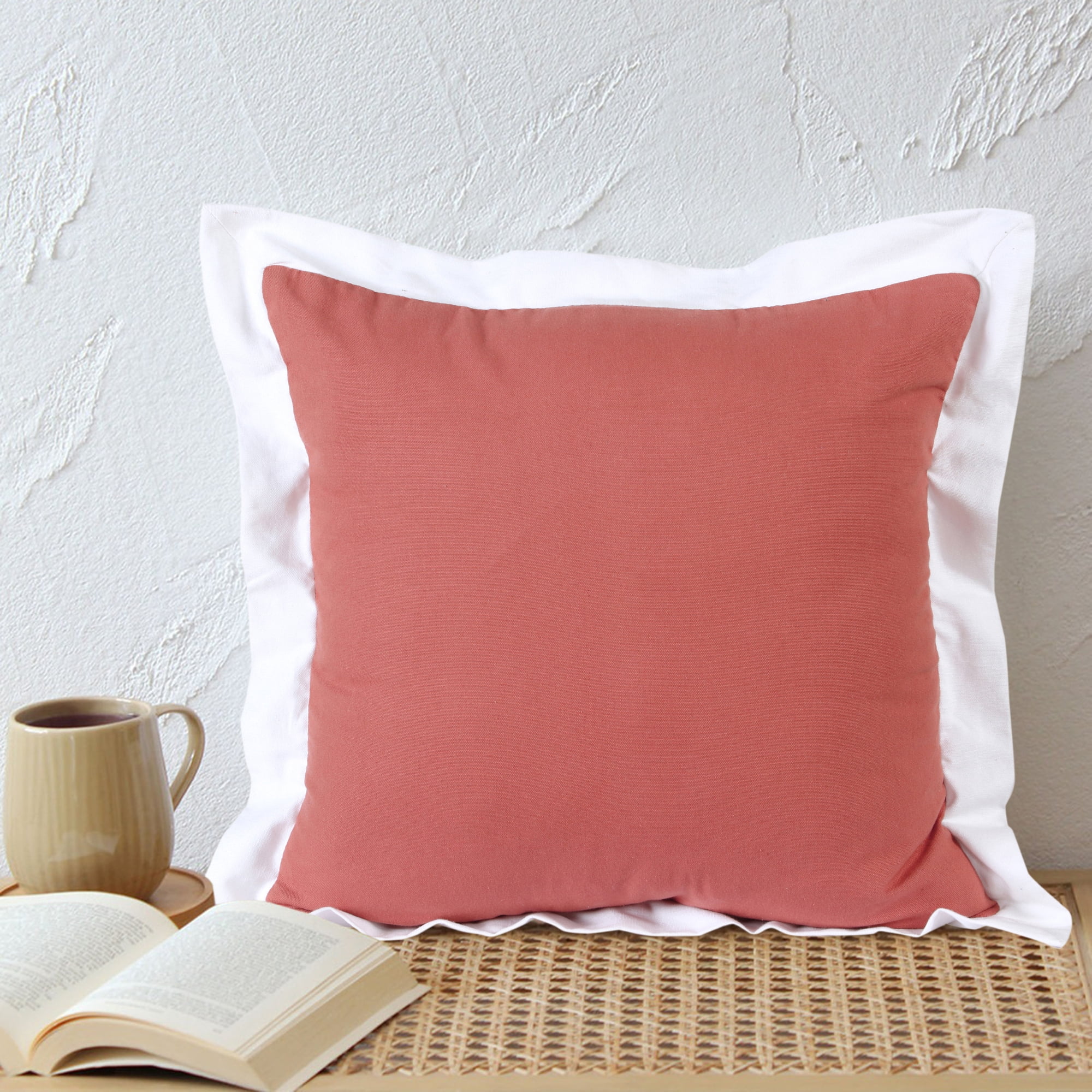 Harlow Hill Finn 20" x 20" Bordered Cotton Adult Decorative Feather Filled Pillow, Deep Coral/White