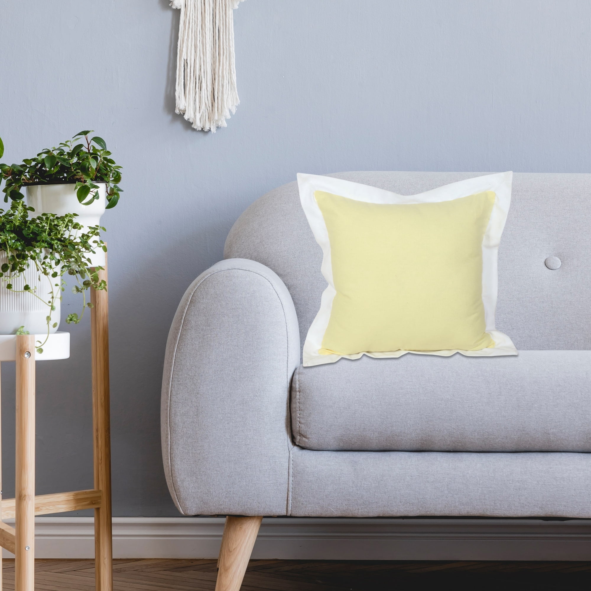 Harlow Hill Finn 20" x 20" Bordered Cotton Adult Decorative Feather Filled Pillow, Yellow/Off White