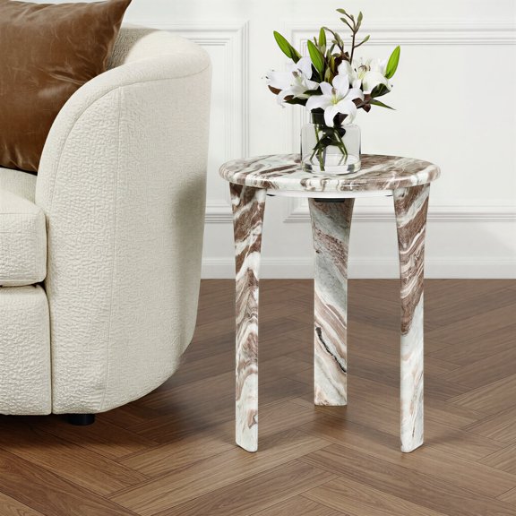 Harlow Hill Matilla Marble Round Indoor Side Table, Ivory/Beige Transitional End Table