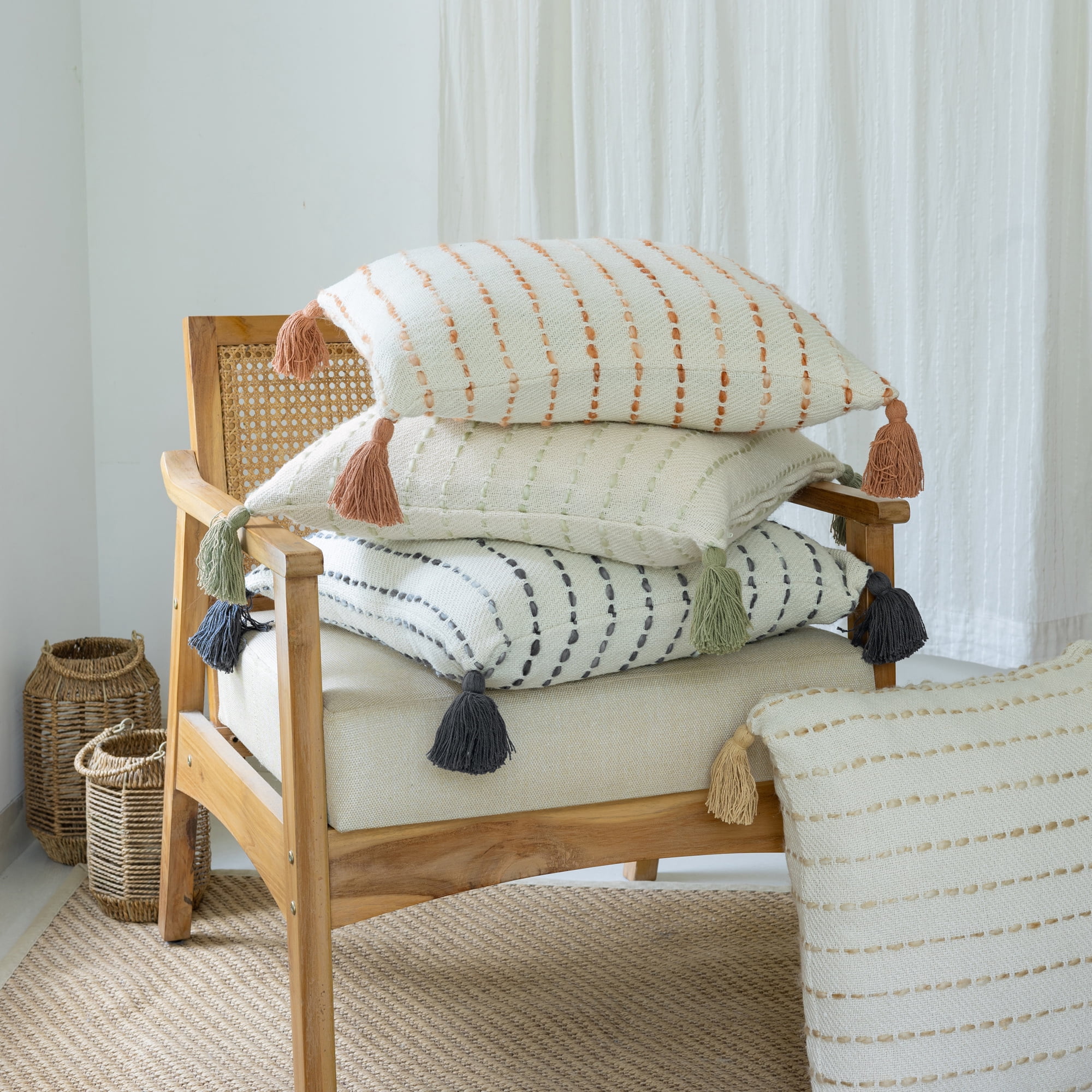 Harlow Hill Melanie 20" x 20" Sage/Ivory Striped Cotton Blend Adult Decorative Throw Pillow Cover