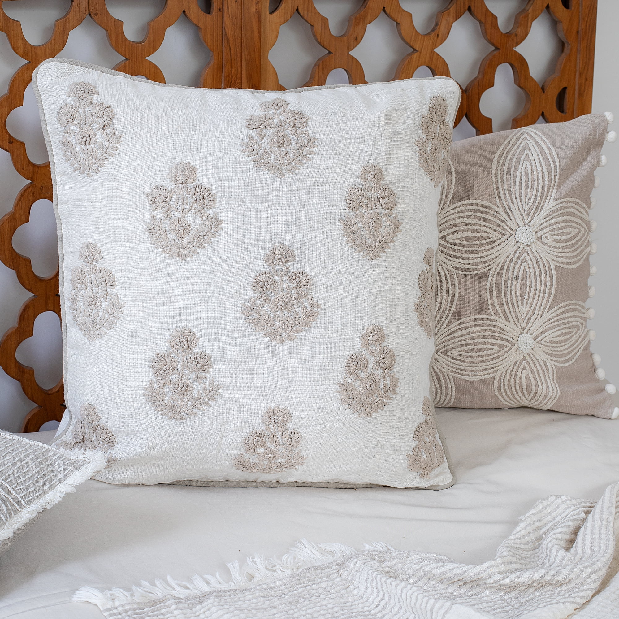 Harlow Hill Paul 20" x 20" Taupe/Ivory Floral Linen Adult Decorative Throw Pillow Cover