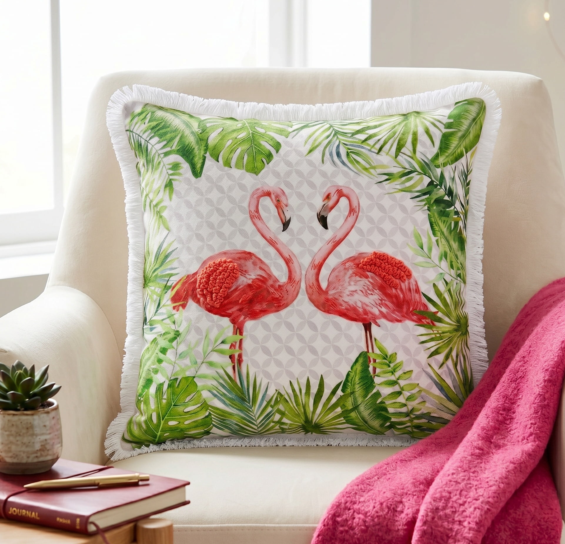 Harlow Hill Quest Coral Pink/Green Birds 20" x 20" Performance Adult Decorative Feather Filled Pillow