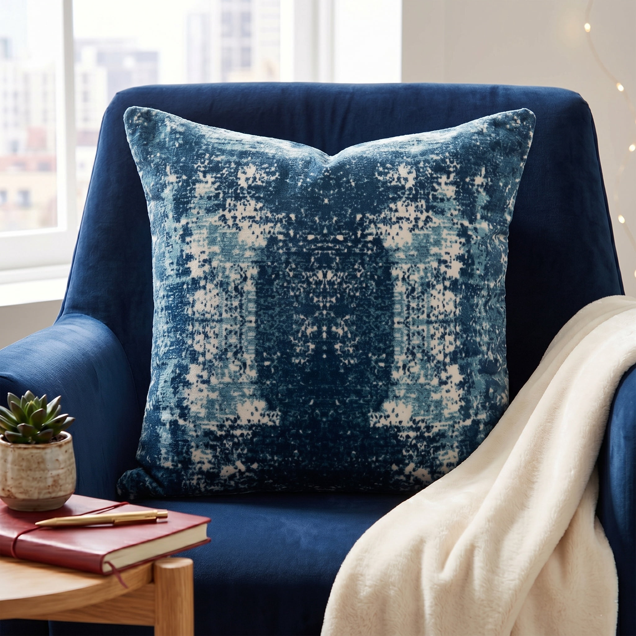 Harlow Hill Verona Blue/Ivory Abstract 20" x 20" Performance Blend Adult Decorative Feather Filled Pillow