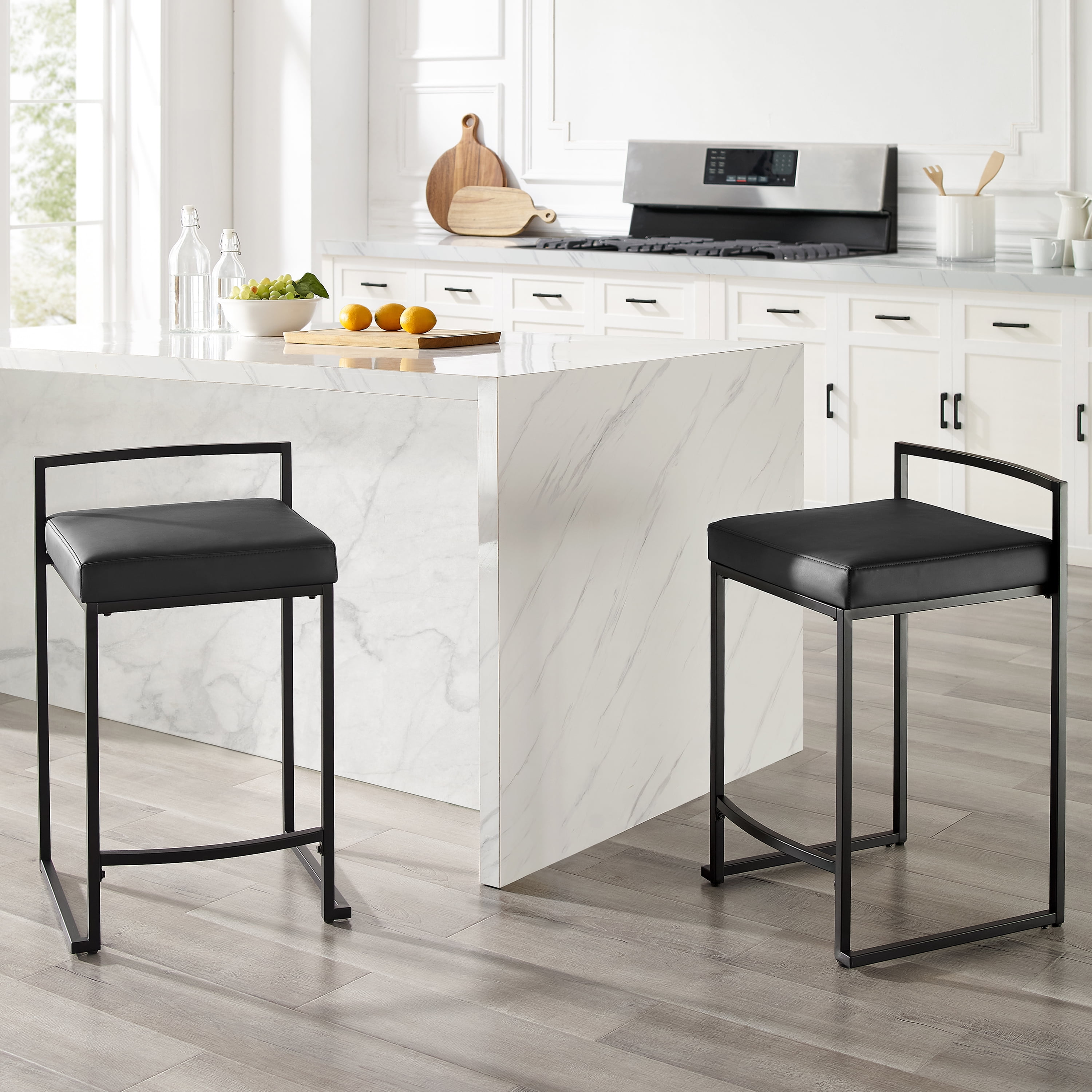 Harlowe Matte Black Vegan Leather Counter Stools, Set of 2