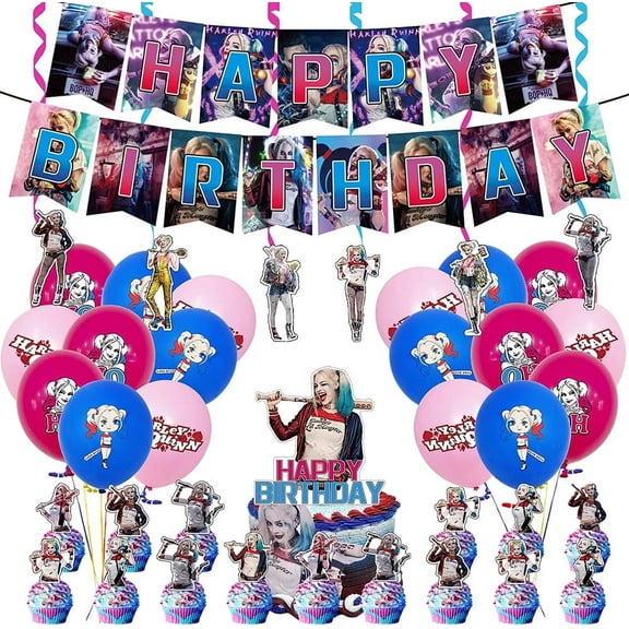 Harly Anime happy birthday banner, party supplies decoration Quinn cupcake toppers, superhero balloons
