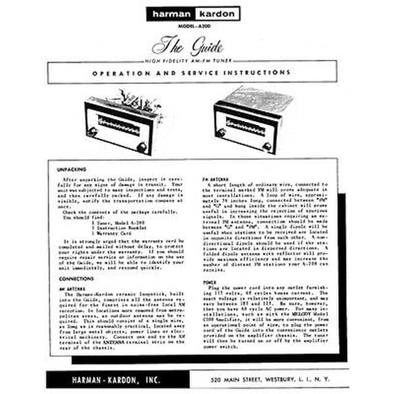 Instruction Manual ONLY for Harman Kardon A-200 Receiver Owners Manual REPRINT