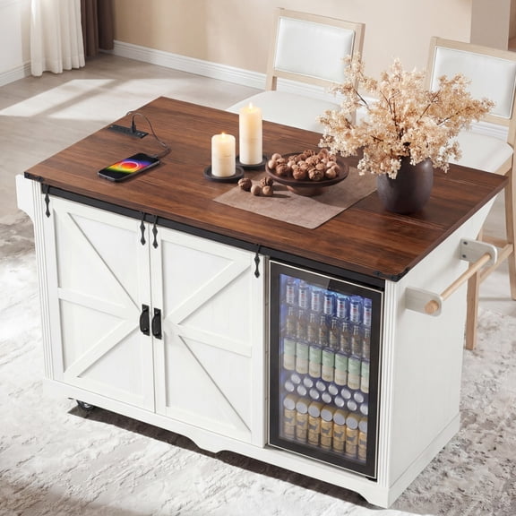 Harmie 72" Farmhouse Kitchen Island with Power Outlet & Dual Fridge Storage, Rolling Coffee Bar Cart on Wheels with 4 Drawers, Sliding Barn Door, Glass Holder, Drop Leaf, White