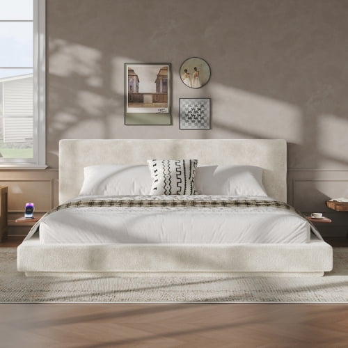 Harmie Bed Frame Cloud Soft Upholstered Frame Gliding Side Trays Adults And Guest Rooms Off White King