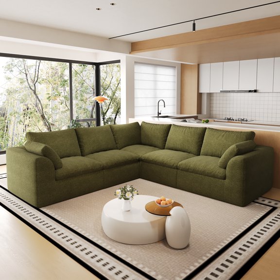 Harmie Green 5-Seat V-Shaped Sectional Sofa, Fabric Upholstery and Foam