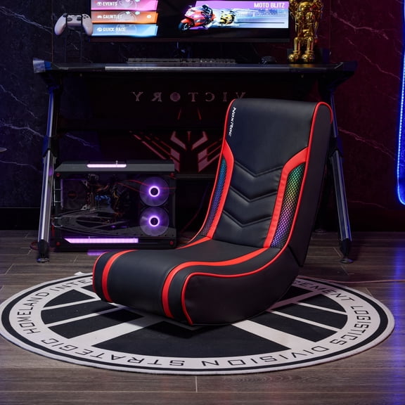Harmie RGB LED Foldable PU Leather Floor Gaming Rocker Chair, Breathable Mesh, Black and Red, 24.8 L x 14.6 W x 28.3 H in