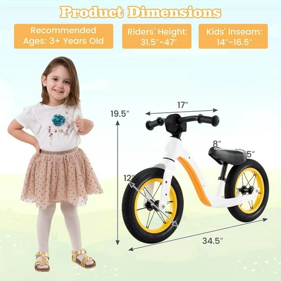 Harmijoy 12 Inch Toddler Balance Bike, No Pedal Training Bicycle w/ Adjustable Seat Height & Magnesium Alloy Frame, Indoor Outdoor Kids Push Bike w/ Inflatable Rubber Tires