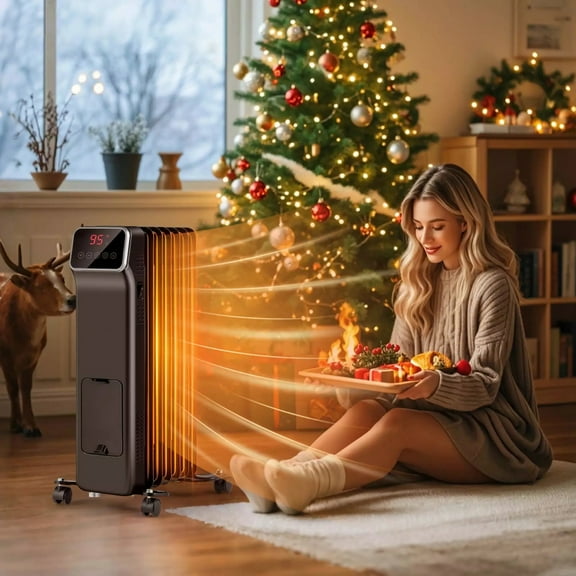 Harmijoy 1500W Electric Radiant Heater, Oil Filled Space Heater w/ Remote, Adjustable Thermostat, 24H Timer & 3 Heating Levels, Portable Indoor Heater w/ Overheat & Tip over Protection