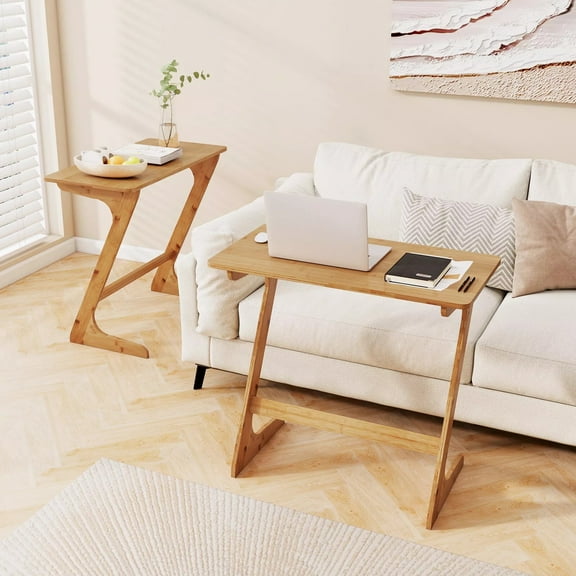 Harmijoy 2 PCS Bamboo Sofa Side Table Z-Shaped Spacious Tabletop Space-Saving TV Snack