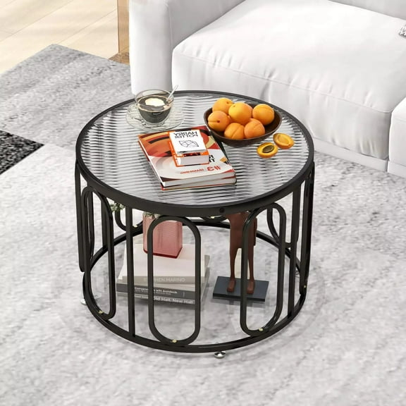 Harmijoy 24" Round Coffee Table, 2-Tier Accent Table with Reeded Tempered Glass Top & Oval Swivel Brackets,Black