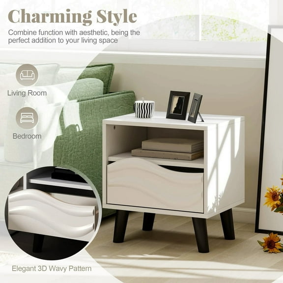 Harmijoy 2PCS Nightstand w/Drawer 3D Wavy Pattern Open Shelf Small Sofa Couch Side Table