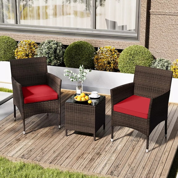 Harmijoy 3 PCS Outdoor Conversation Set w/ Cushioned Seat & Tempered Glass Tabletop