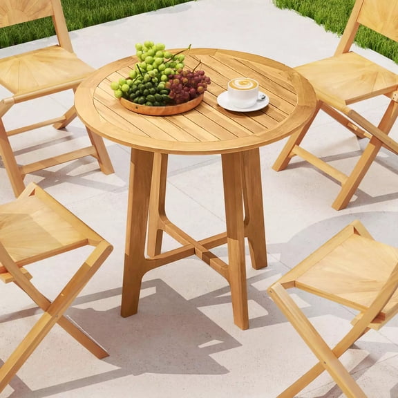 Harmijoy 31.5" Patio Dining Table Round Teak Wood Dining Table w/ Slatted Tabletop Garden