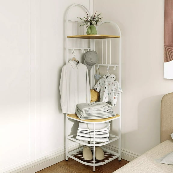 Harmijoy 4-Tier Coat Rack Corner Hall Tree w/Shoe Storage Bench 6 Removable Hooks Bedroom