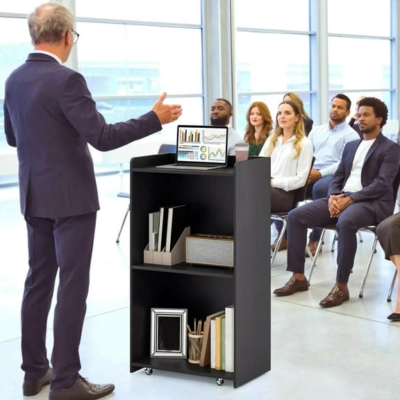 Harmijoy 41" Presentation Podium w/2 Storage Shelves Laptop Computer Cart 4 Casters
