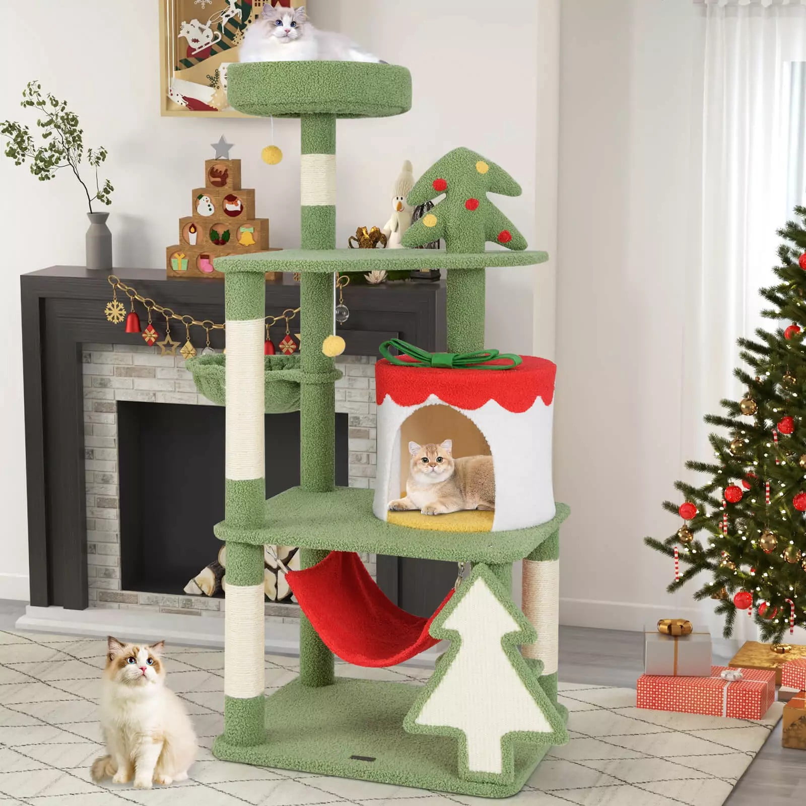 Harmijoy 52" Tall Christmas Cat Tree, Stylish Cat Furniture w/ Sisal Scratching Posts, Gift Box Shaped Condo, Basket Bed, Detachable Hammock, Multi-level Festival Theme Cat Tower for Indoor Cat