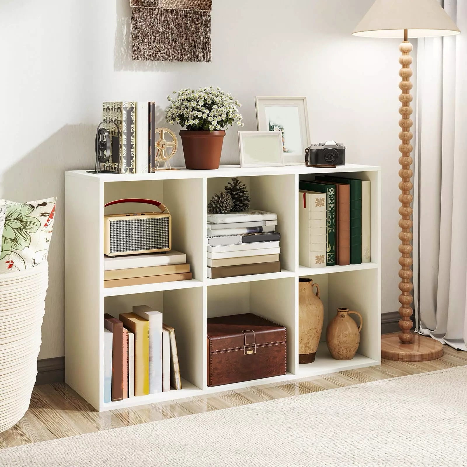 Harmijoy 6-Cube White Bookshelf, 3-Tier Wooden Storage Organizer w/ Anti-tipping Kits, Modern Freestanding Bookcase Display Shelf