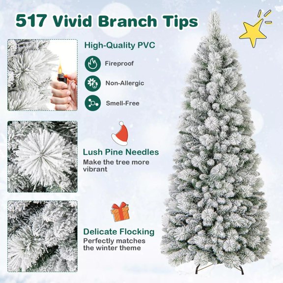Harmijoy 6 FT Pop up Artificial Christmas Tree, Pre-Lit Snow Flocked Xmas Tree w/ 517 PVC Tips & Pine Needles, 170 Warm White LED Lights, Metal Stand, Seasonal Home Office Party Holiday Decoration