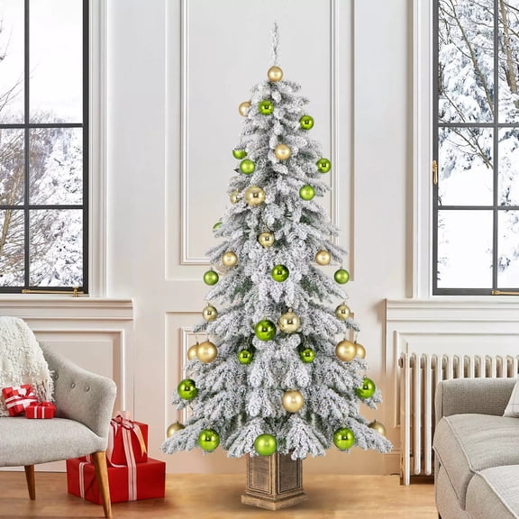 Harmijoy 6 FT Potted Artificial Christmas Tree, Snow-flocked Xmas Tree w/ 589 Branch Tips, 48 Decorative Balls & Vintage Flowerpot, Hinged Decoration Tree for Festival Home Party Entrance